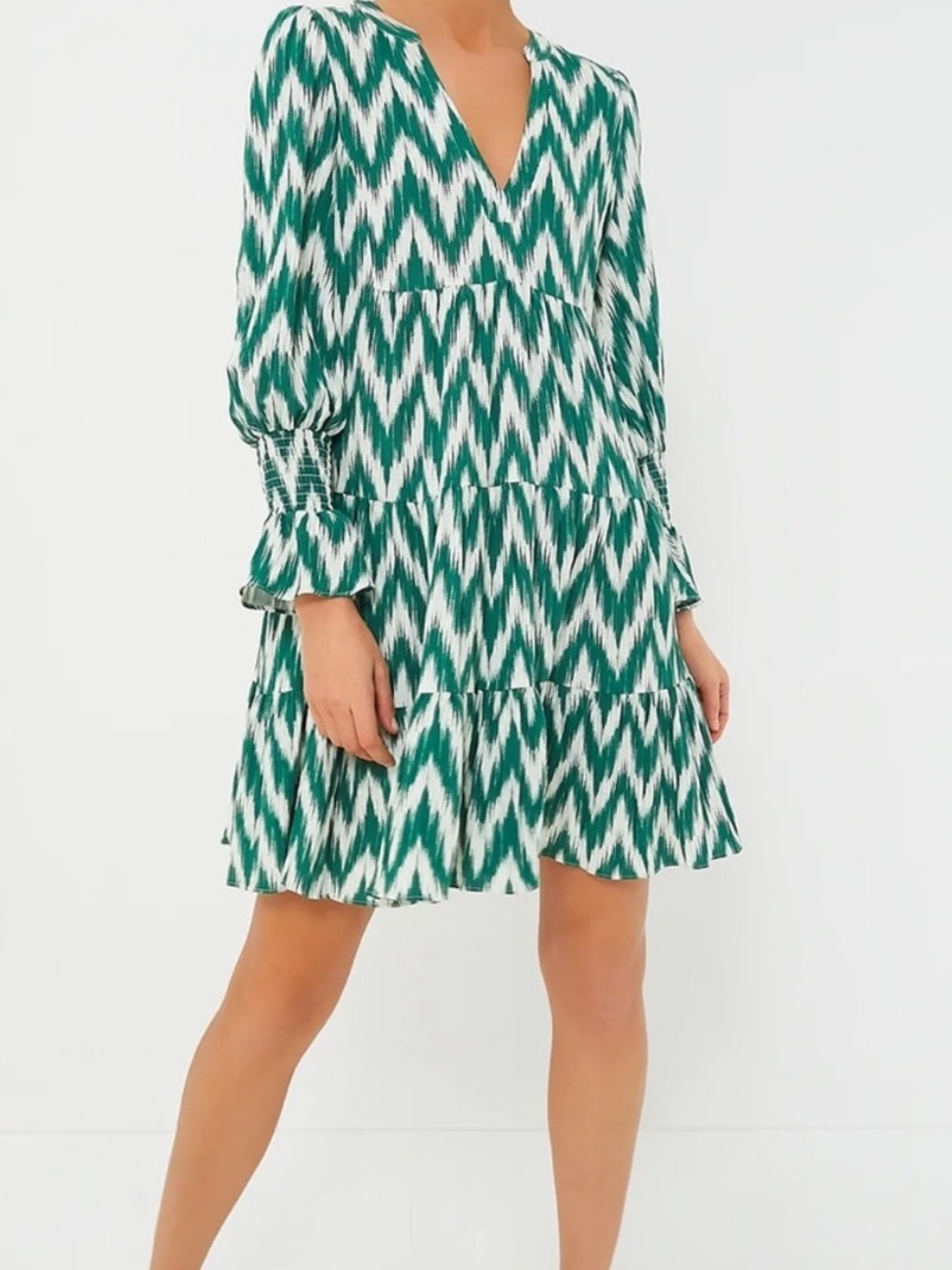 Pomander Place Green White Ikat Print Tiered Mini Dress Long Sleeve Size Large